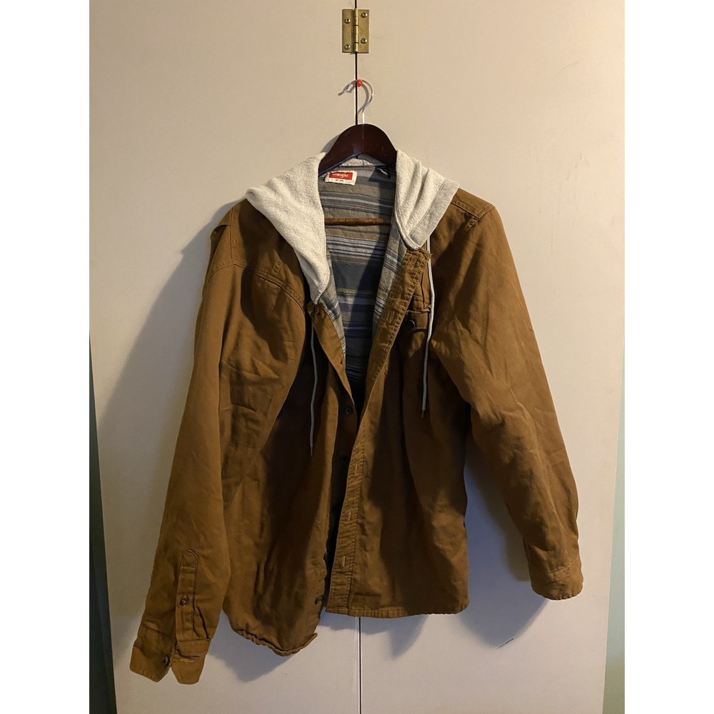 Wrangler Mens Large Brown Plaid Flannel Lined Hooded Quilted Shacket Jacket